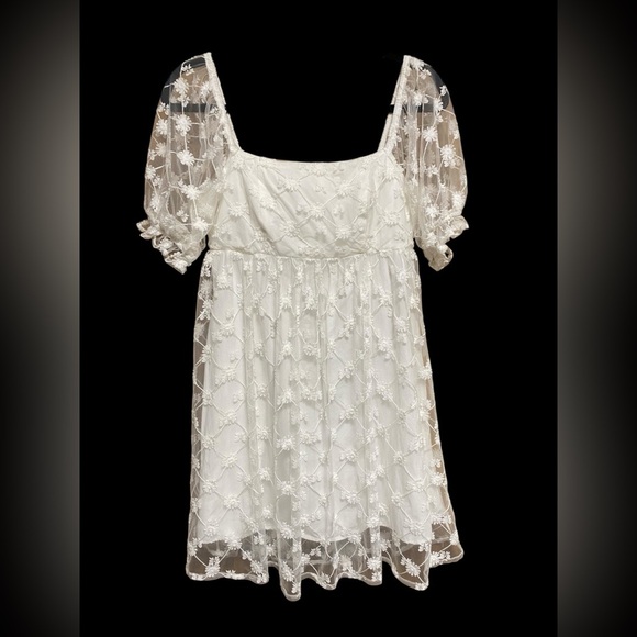 TULLABEE WHITE FLORAL DRESS W/MESH SLEEVES - M - Picture 1 of 8